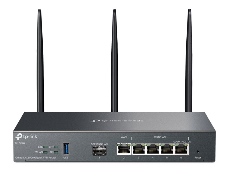 SafeStream Gigabit Multi-WAN VPN Router - ER706W - 802.1q - Ethernet LAN (RJ-45) ports 1× Gigabit SFP WAN Port, 1× Gigabit RJ45 WAN Port, 2x  Gigabit RJ45 LAN Ports 2× Gigabit WAN/LAN RJ45 Ports - Mesh Support Yes - MU-MiMO Yes - 3G/4G via optional USB ad