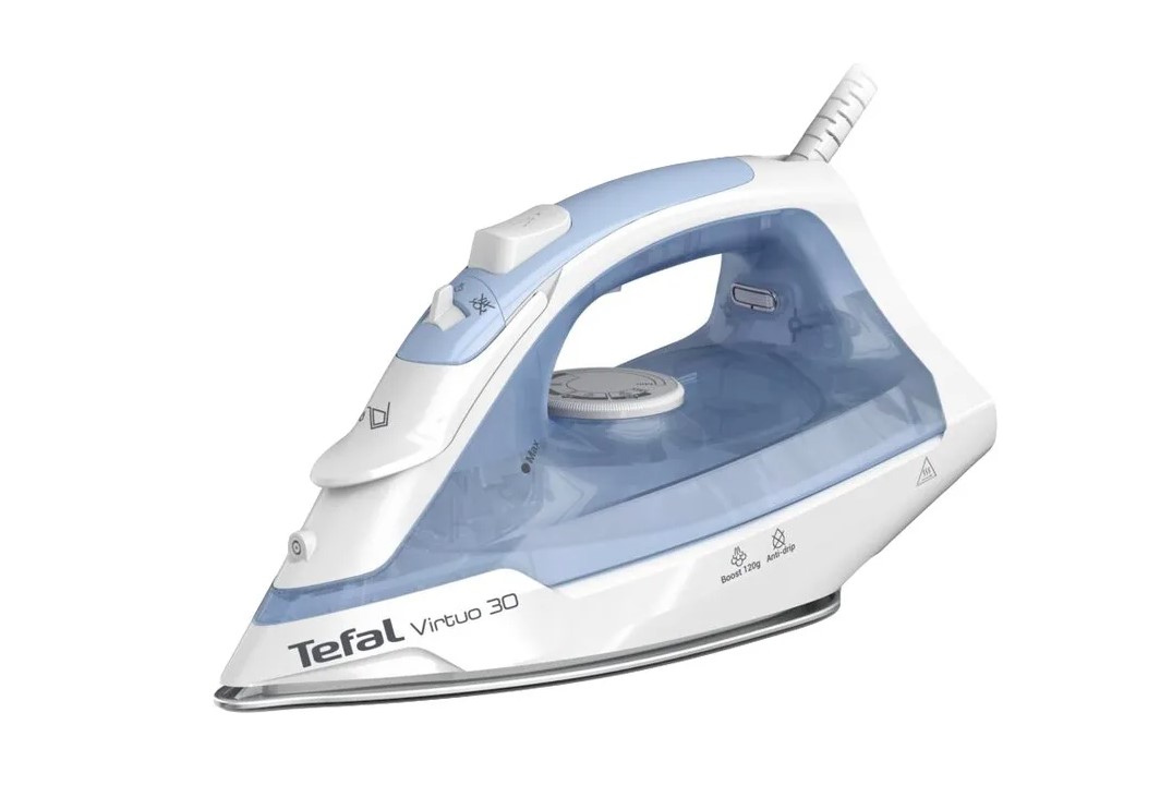 TEFAL Steam Iron - FV2C41E0 Virtuo - Steam Iron - 2000 W - Water tank capacity 240 ml - Continuous steam 27 g/min - Steam boost performance 120 g/min - Blue/White