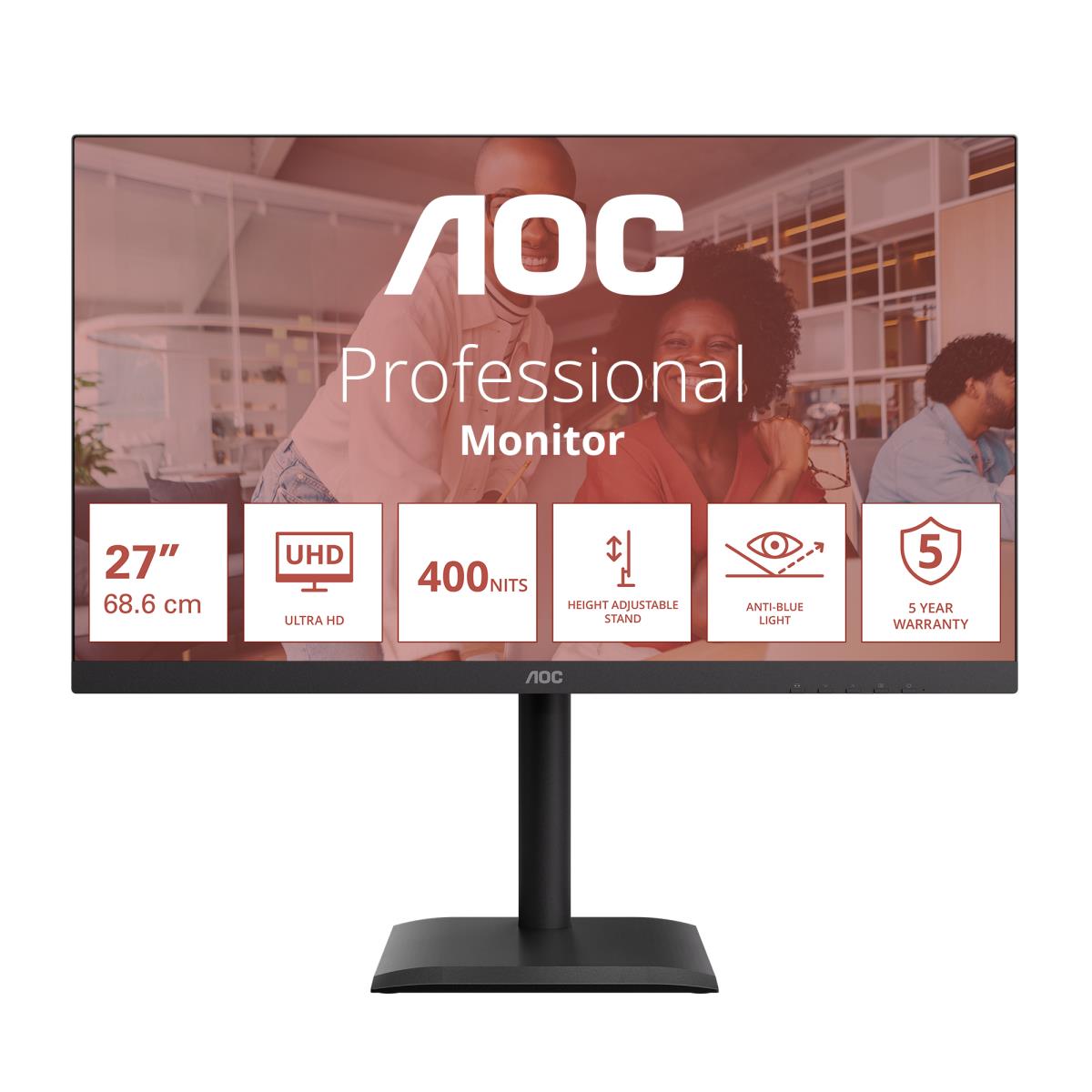 AOC - U27E4CV - 27 " - IPS - UHD - 16:9 - 60 Hz - 4 ms - 3840 x 2160 pixels - 400 cd/m² - HDMI ports quantity 2 - Black