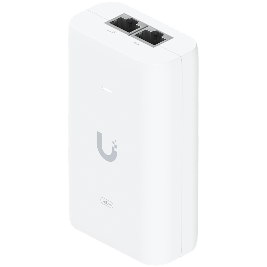 UBIQUITI PoE++ Adapter; Delivers up to 60W of PoE++; Surge, peak pulse, and overcurrent protection; Contains RJ45 data input, AC cable with earth ground, and PoE++ output; LED indicator for status monitoring.