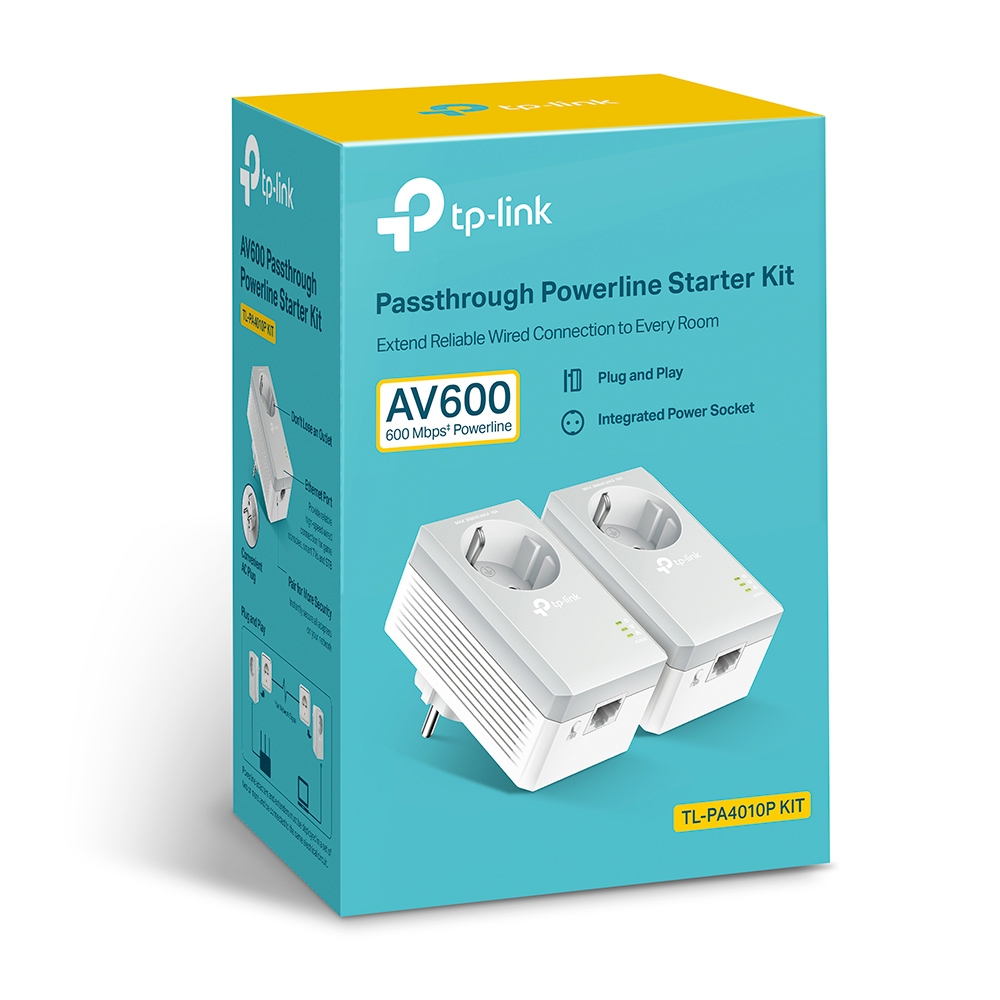 TP-LINK - Passthrough Powerline 600 Starter Kit - TL-PA4010P KIT - 10/100 Mbit/s - Ethernet LAN (RJ-45) ports 1 - Data transfer rate (max) 600 Mbit/s - Extra socket