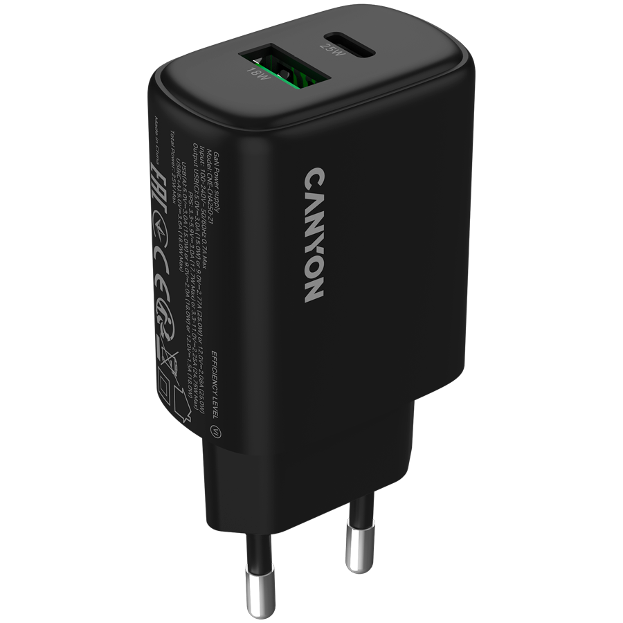 CANYON charger OnCharge 250 25W 1xPD 1xQC EU Black