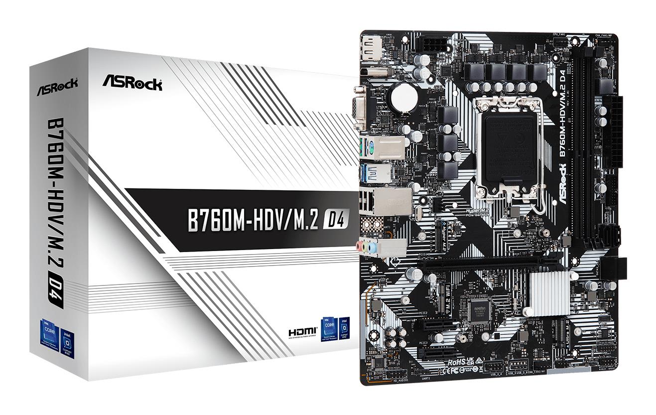 Mainboard|ASROCK|Intel B760 Express|LGA1700|Micro-ATX|Memory DDR4|Memory slots 2|2xPCI-Express 3.0 1x|1xPCI-Express 4.0 16x|2xM.2|1x15pin D-sub|1xHDMI|1xDisplayPort|2xUSB 2.0|3xUSB 3.2|1xUSB-C|1xPS/2|1xRJ45|3xAudio port|B760M-HDV/M.2D4