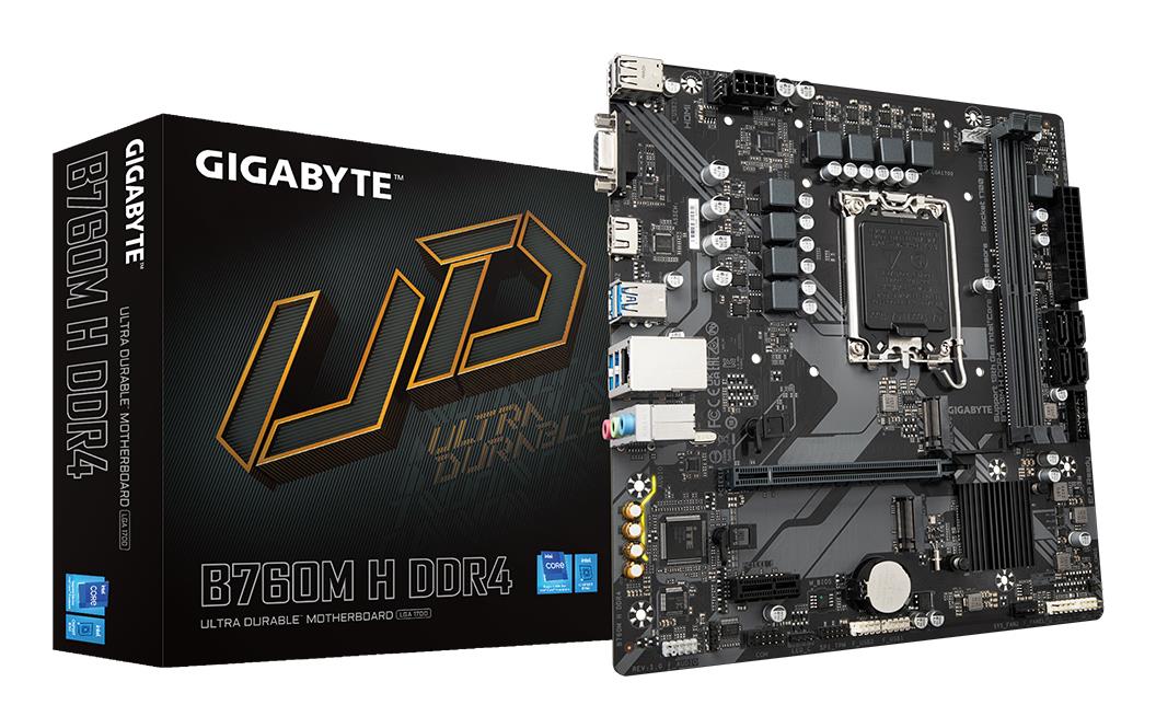 Mainboard|GIGABYTE|Intel B760 Express|LGA1700|Micro-ATX|Memory DDR4|Memory slots 2|1xPCI-Express 3.0 1x|1xPCI-Express 4.0 16x|2xM.2|1x15pin D-sub|1xHDMI|1xAudio-In|1xAudio-Out|1xMicrophone|2xUSB 2.0|4xUSB 3.2|1xRJ45|B760MHDDR4