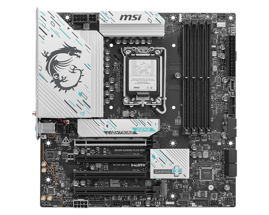 MSI B860M GAMING PLUS WIFI - Processor family Intel - Processor socket LGA1851 - DDR5 - Supported hard disk drive interfaces SATA, M.2 - Number of SATA connectors 4