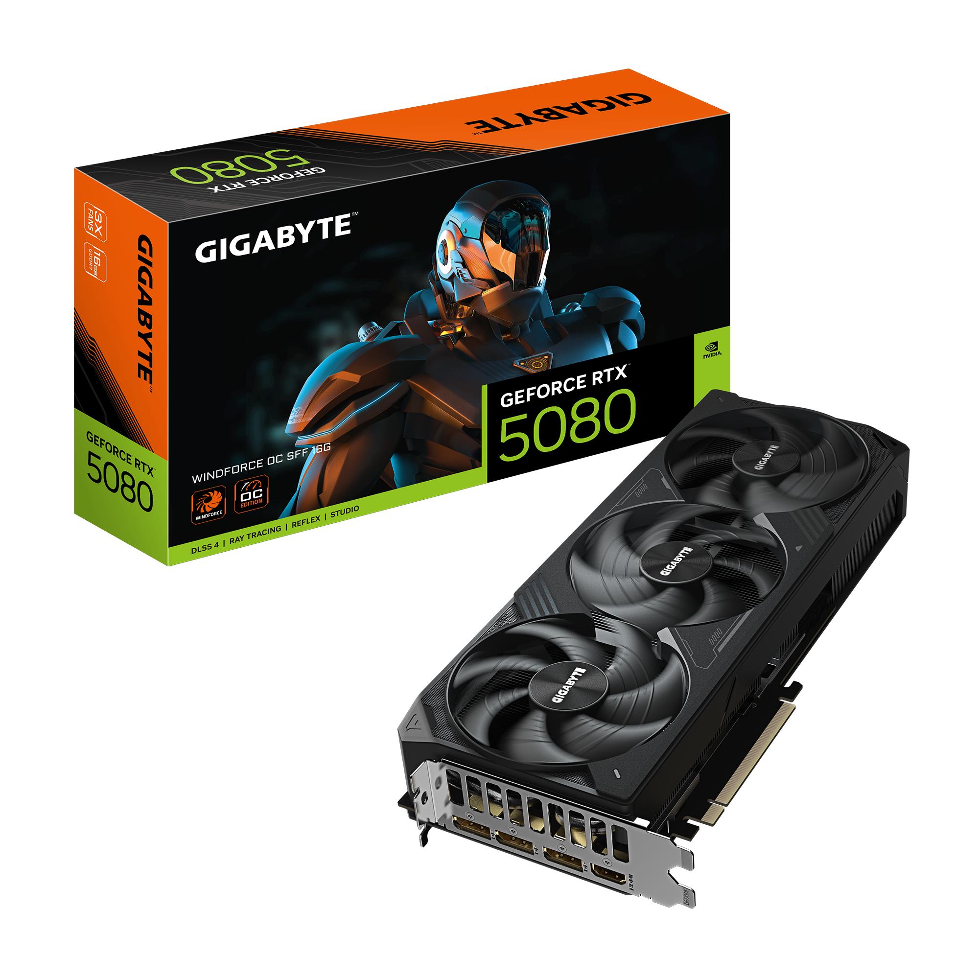 Graphics Card|GIGABYTE|NVIDIA GeForce RTX 5080|16 GB|GDDR7|256 bit|PCIE 5.0 16x|GPU 2670 MHz|Triple slot Fansink|1xHDMI|3xDisplayPort|GV-N5080WF3OC-16GD1.0