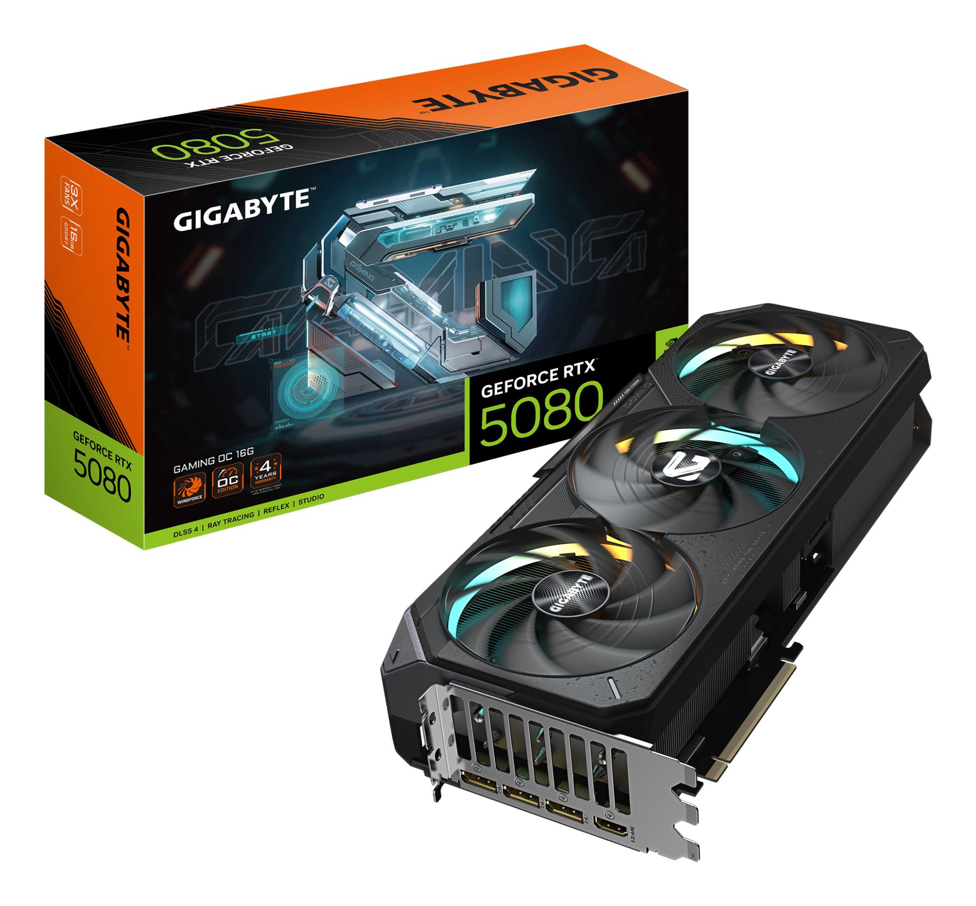 Graphics Card|GIGABYTE|NVIDIA GeForce RTX 5080|16 GB|GDDR7|256 bit|PCIE 5.0 16x|GPU 2617 MHz|Triple slot Fansink|1xHDMI|3xDisplayPort|GV-N5080GAMINGOC-16GD
