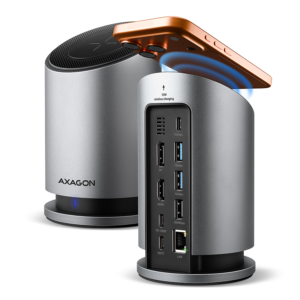 AXAGON USB-C 10Gbps Wireless Charging 9in1 hub - HMC-WL9