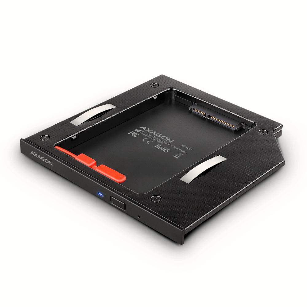 AXAGON Optical disk drive caddy for 2.5“ SSD/HDD. LED, 9.5 mm, Aluminum - RSS-CD09