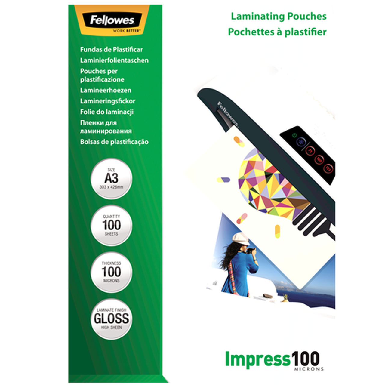 Fellowes - Laminating Pouch - A3 - Glossy - Thickness: 100 micron, Qty Per Pack: 100 pcs; Ideal for notices, craft materials, signage and frequently handled documents; Compatible with all laminator brands