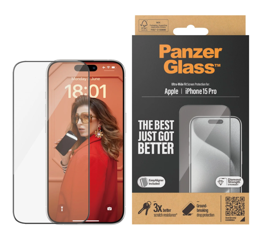 PanzerGlass - Screen protector - Apple - iPhone 15 Pro - Glass - Clear - Easy installation; Fingerprint resistant; Anti-yellowing - Ultra-Wide Fit