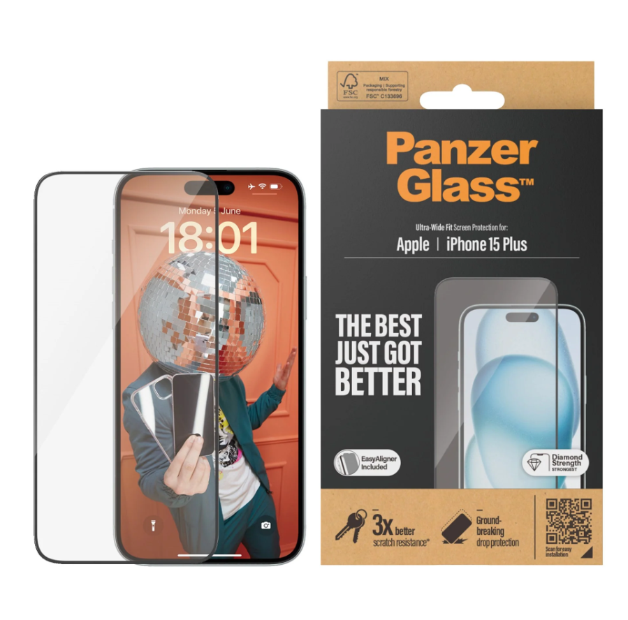 PanzerGlass - Screen protector - Apple - IPhone 15 Plus - Glass - Transparent - Ultra-wide fit, Scratch resistant, Drop protection, EasyAligner included