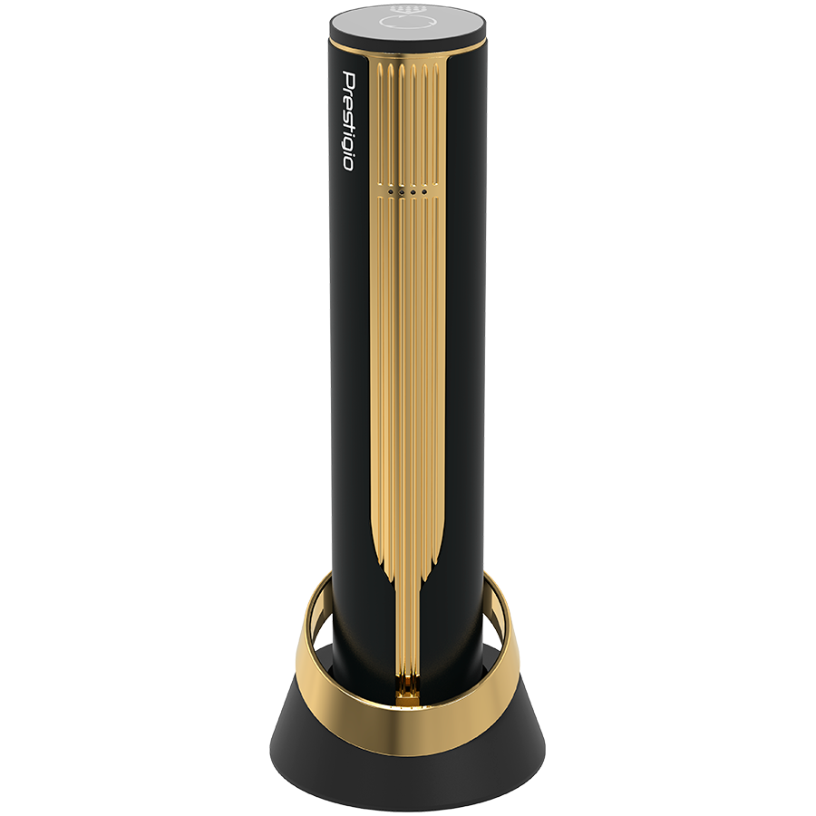 Prestigio Maggiore, smart wine opener, 100% automatic, opens up to 70 bottles without recharging, foil cutter included, premium design, 480mAh battery, Dimensions D 48*H228mm, black + gold color.