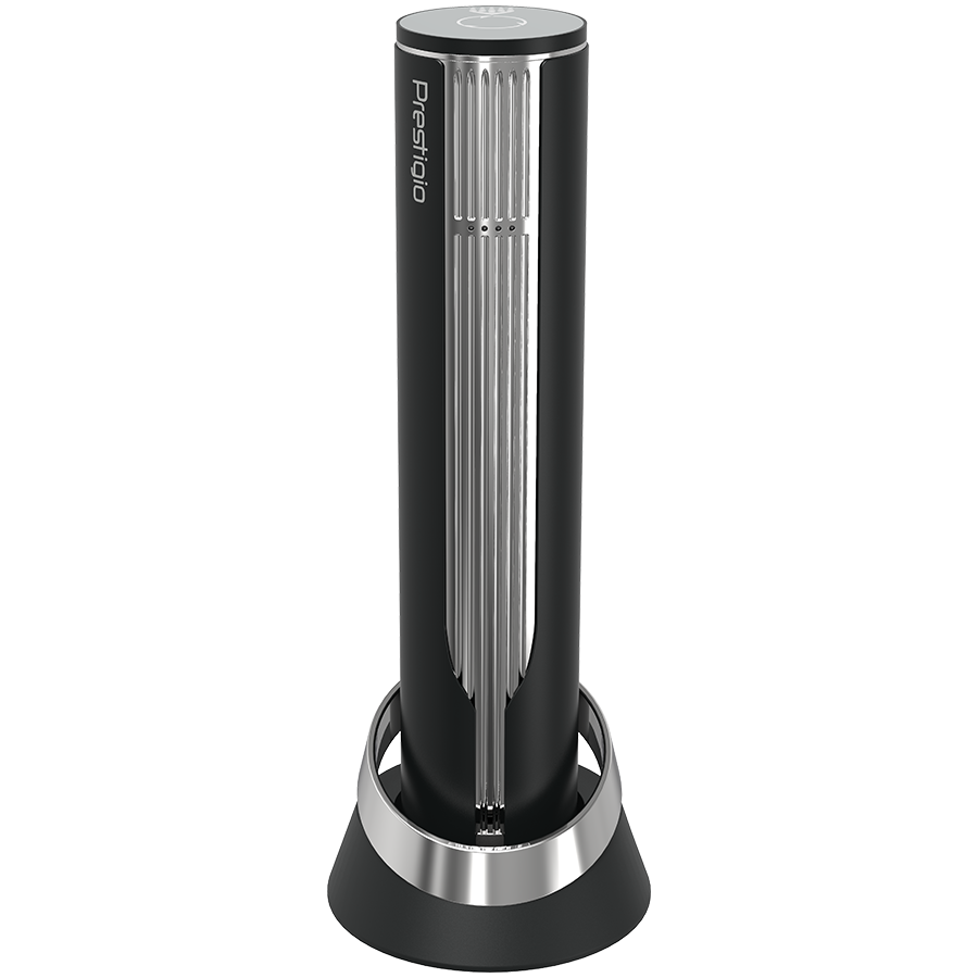 Prestigio Maggiore, smart wine opener, 100% automatic, opens up to 70 bottles without recharging, foil cutter included, premium design, 480mAh battery, Dimensions D 48*H228mm, black + silver color.