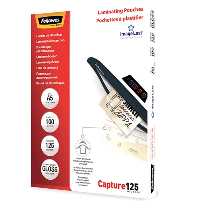 Fellowes - Laminating Pouch - A3 - Glossy - Thickness: 125 micron, Qty Per Pack: 100 pcs; Ideal for notices, craft materials, signage and frequently handled documents