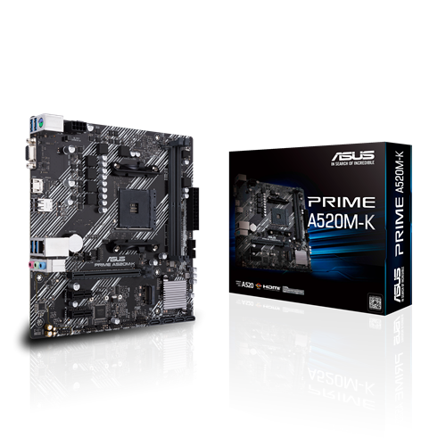 Asus - PRIME A520M-K - Processor family AMD - Processor socket AM4 - DDR4 - Memory slots 2 - Supported hard disk drive interfaces M.2, SATA - Number of SATA connectors 4 - Chipset AMD A - Micro ATX