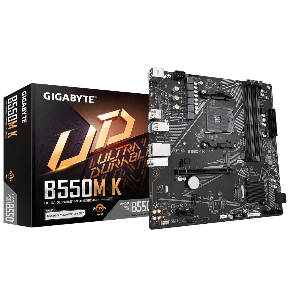 Gigabyte - B550M K 1.0 M/B - Processor family AMD - Processor socket AM4 - DDR4 DIMM - Memory slots 4 - Supported hard disk drive interfaces 	SATA, M.2 - Number of SATA connectors 4 - Chipset AMD B550 - Micro ATX