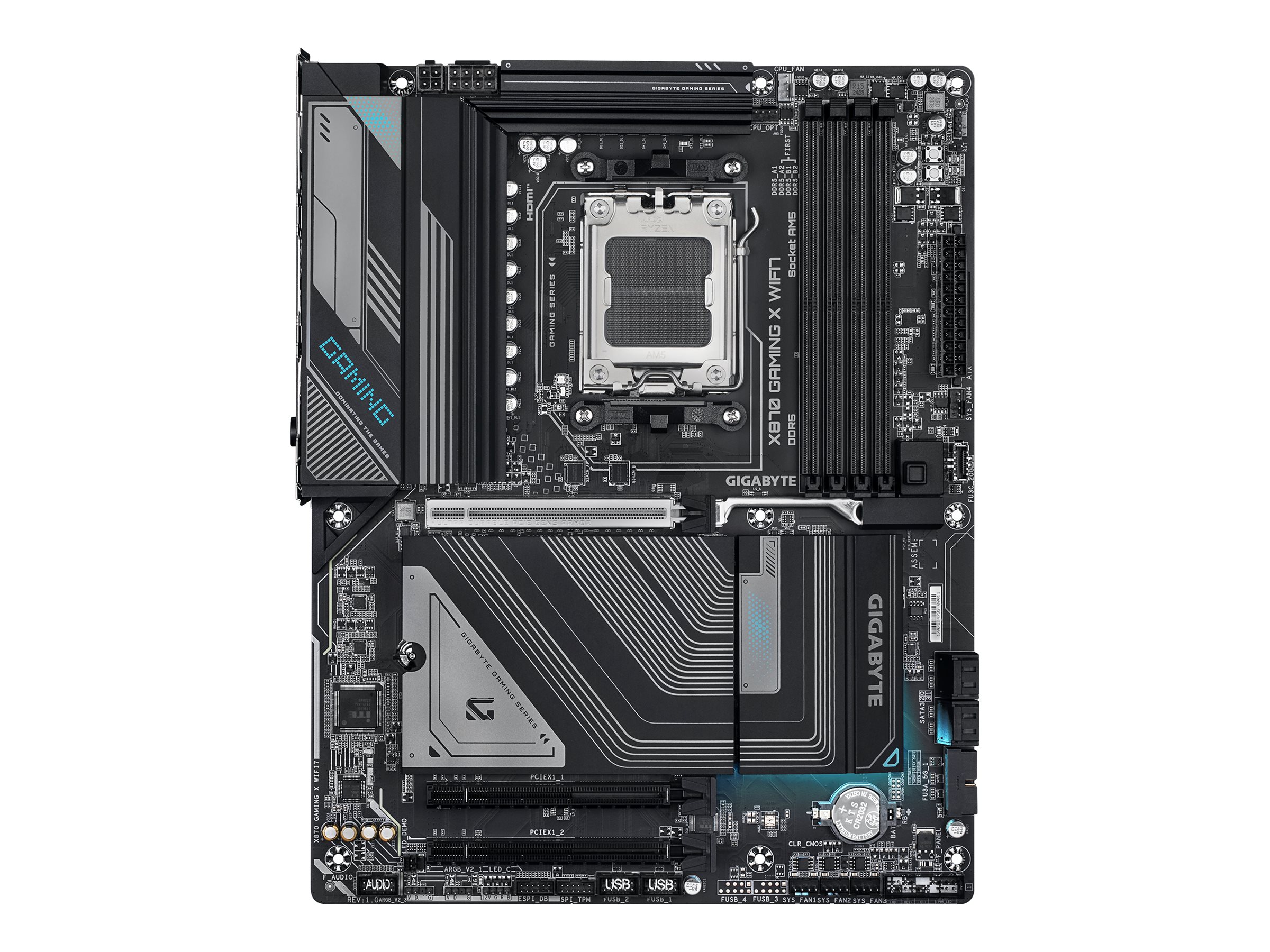 Gigabyte X870 GAMING X WIFI7 - Processor family AMD - Processor socket AM5 - DDR5 DIMM - Supported hard disk drive interfaces SATA, M.2 - Number of SATA connectors 4
