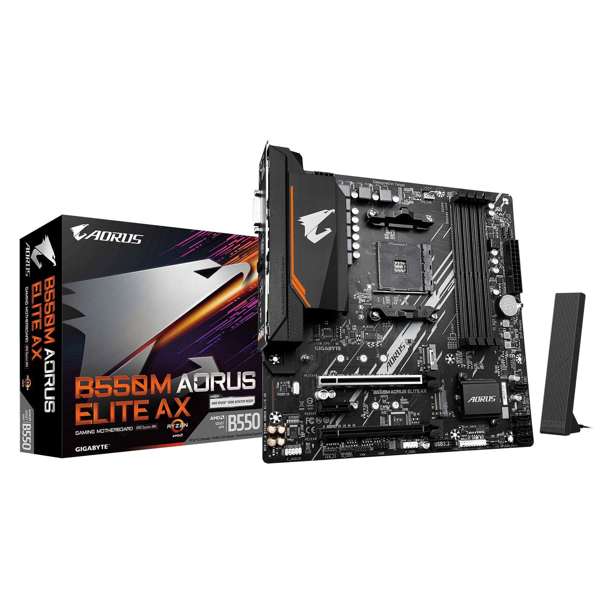 Mainboard|GIGABYTE|AMD B550|Socket AM4|micro ATX|RAM DDR4-SDRAM|4xSlots|Wi-Fi Yes|Bluetooth Yes|2xNumber of M.2 (M) slots|B550M AORUS ELITE AX (REV. 1.4)|B550MAORUSELITEAX1.4