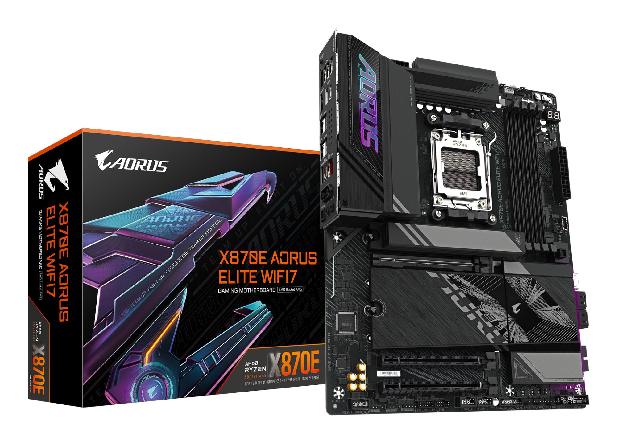 Mainboard|GIGABYTE|AMD X870E|SAM5|ATX|Memory DDR5|Memory slots 4|1xPCI-Express 3.0 4x|1xPCI-Express 4.0 4x	|1xPCI-Express 5.0 16x|4xM.2|1xHDMI|4xUSB 2.0|6xUSB 3.2|2xUSB-C|1xOptical S/PDIF|1xRJ45|2xAudio port|X870EAELITEWIFI71.2