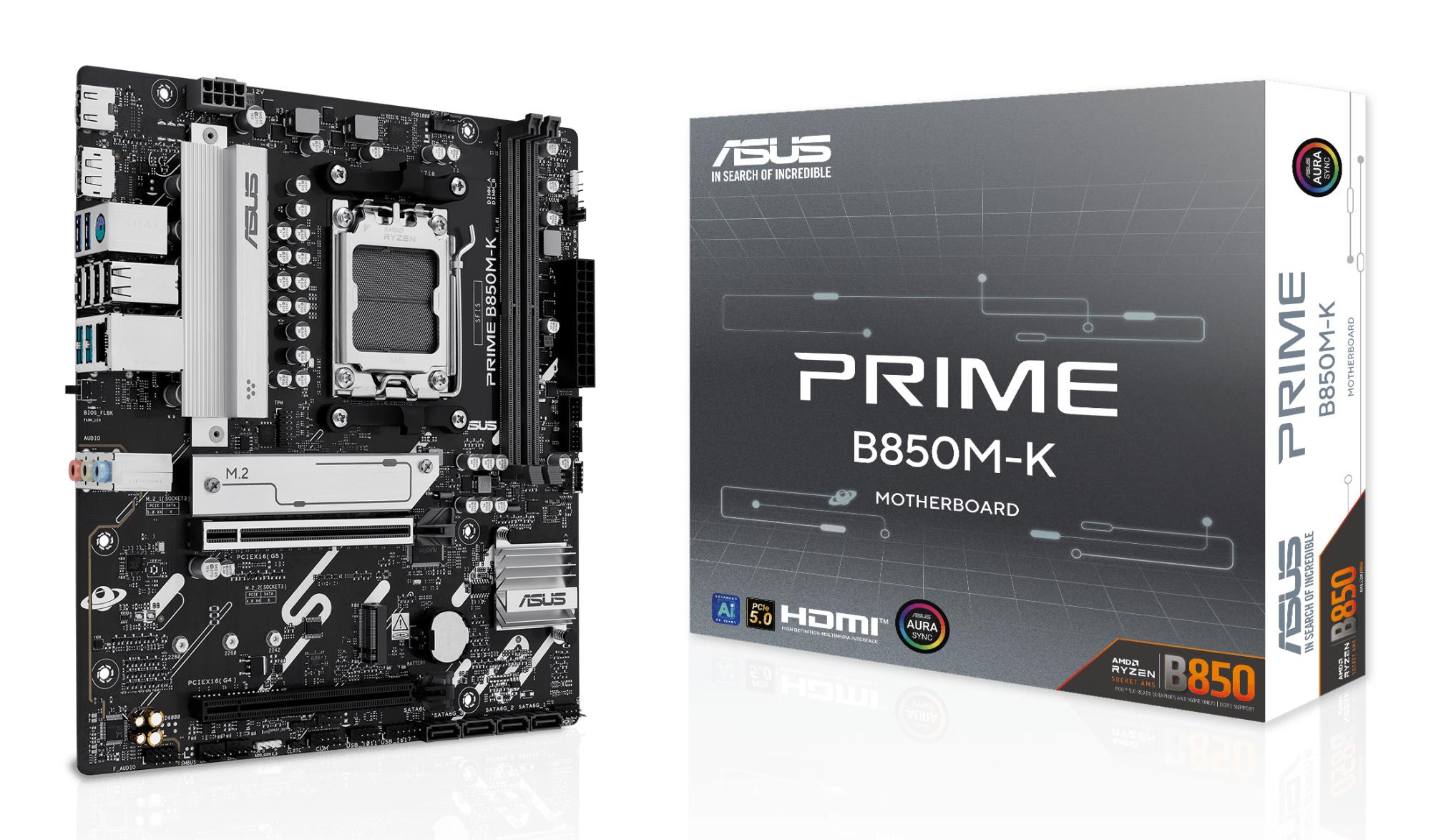 Mainboard|ASUS|AMD B850|SAM5|Micro-ATX|Memory DDR5|Memory slots 2|1xPCI-Express 4.0 16x|1xPCI-Express 5.0 16x|2xM.2|1xHDMI|1xDisplayPort|4xUSB 2.0|4xUSB 3.2|1xPS/2|3xAudio port|PRIMEB850M-K
