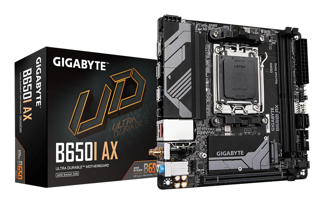 Mainboard|GIGABYTE|AMD B650|Socket AM5|mini ITX|RAM DDR5-SDRAM|2xSlots|Wi-Fi Yes|Bluetooth Yes|1xNumber of M.2 (M) slots|B650IAX1.2