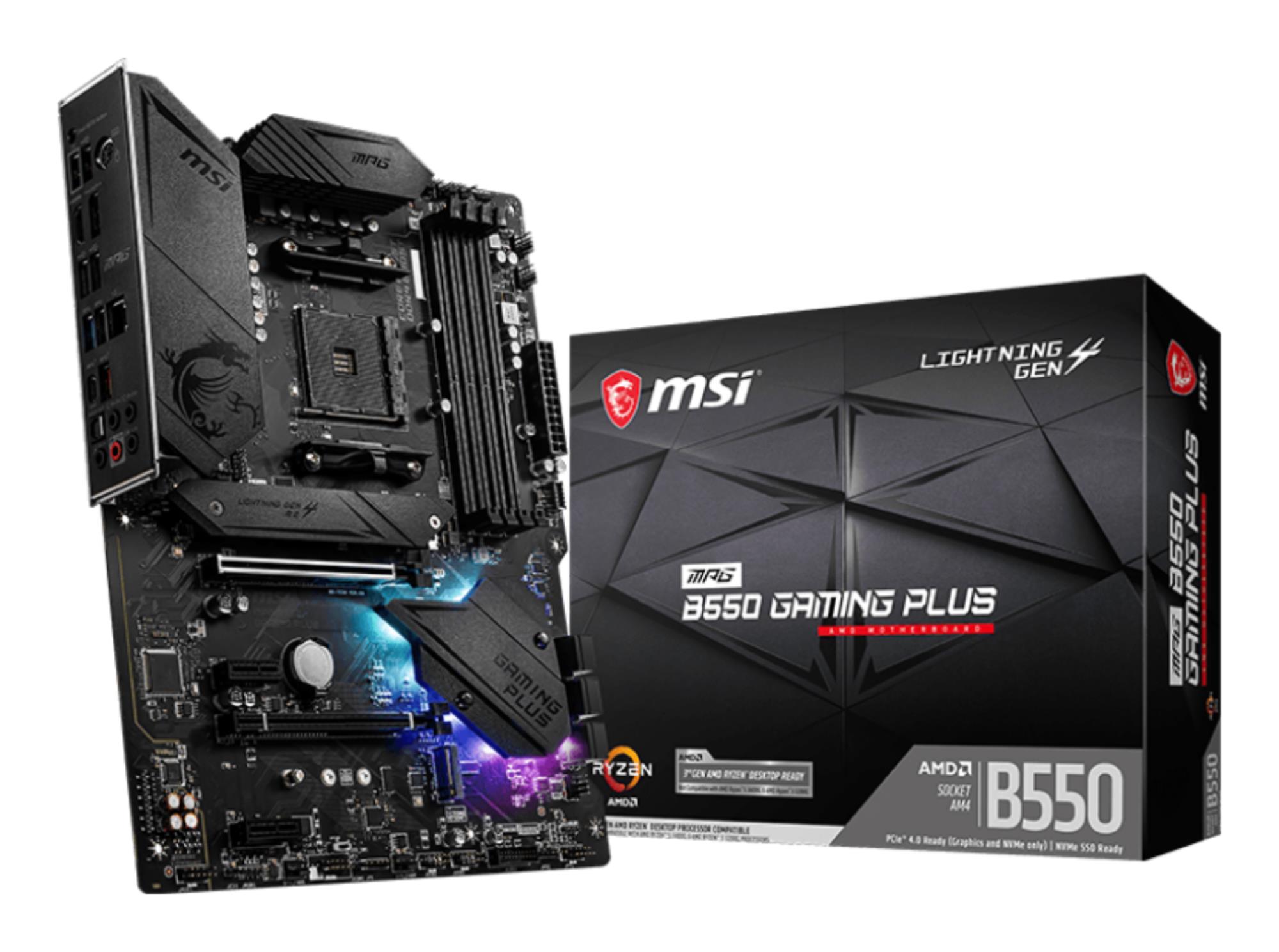 Mainboard|MSI|AMD B550|SAM4|ATX|2xPCI-Express 3.0 1x|1xPCI-Express 3.0 4x|2xM.2|1xPCI-Express 4.0 1x|Memory DDR4|Memory slots 4|1xHDMI|1xDisplayPort|2xAudio-In|3xAudio-Out|4xUSB 2.0|1xUSB type C|3xUSB 3.2|1xPS/2|1xOptical S/PDIF|1xRJ45|MPGB550GAMINGPLUS