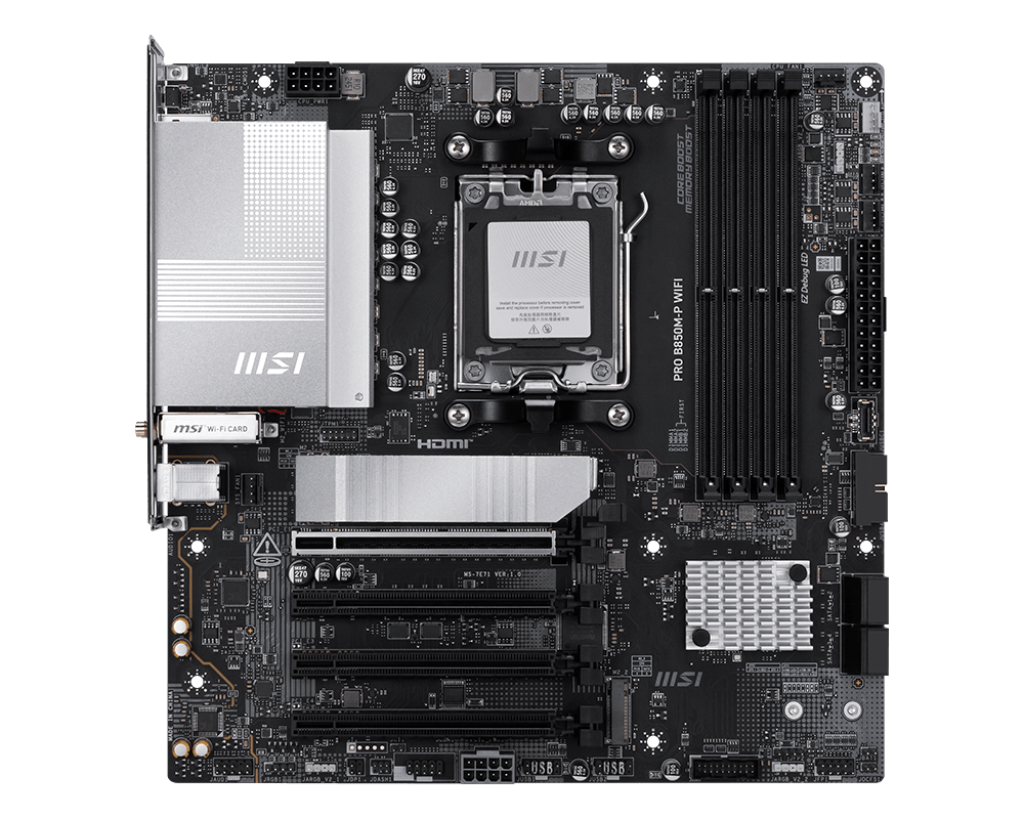 MSI PRO B850M-P WIFI - Processor family AMD B850 - Processor socket AM5 - DDR5 - Supported hard disk drive interfaces SATA, M.2 - Number of SATA connectors 4