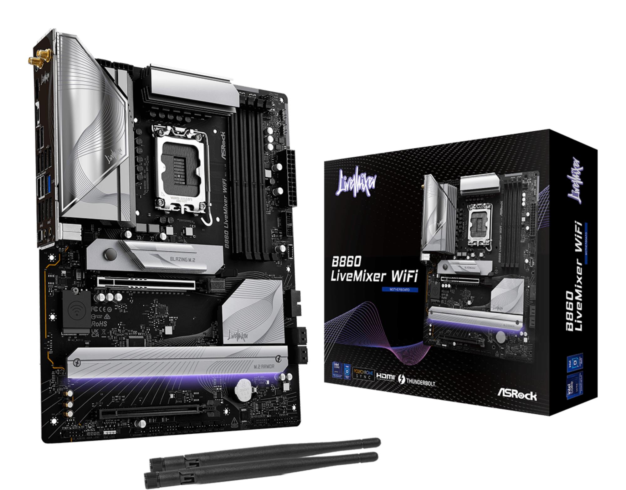 Mainboard|ASROCK|Intel B860 Express|LGA1851|ATX|Memory DDR5|Memory slots 4|1xPCI-Express 4.0 16x|1xPCI-Express 5.0 16x|1xM.2|1xHDMI|1xAudio-Out|1xMicrophone|6xUSB 2.0|6xUSB 3.2|1xUSB-C w/Thunderbolt|1xOptical S/PDIF|1xRJ45|B860LIVEMIXERWIFI