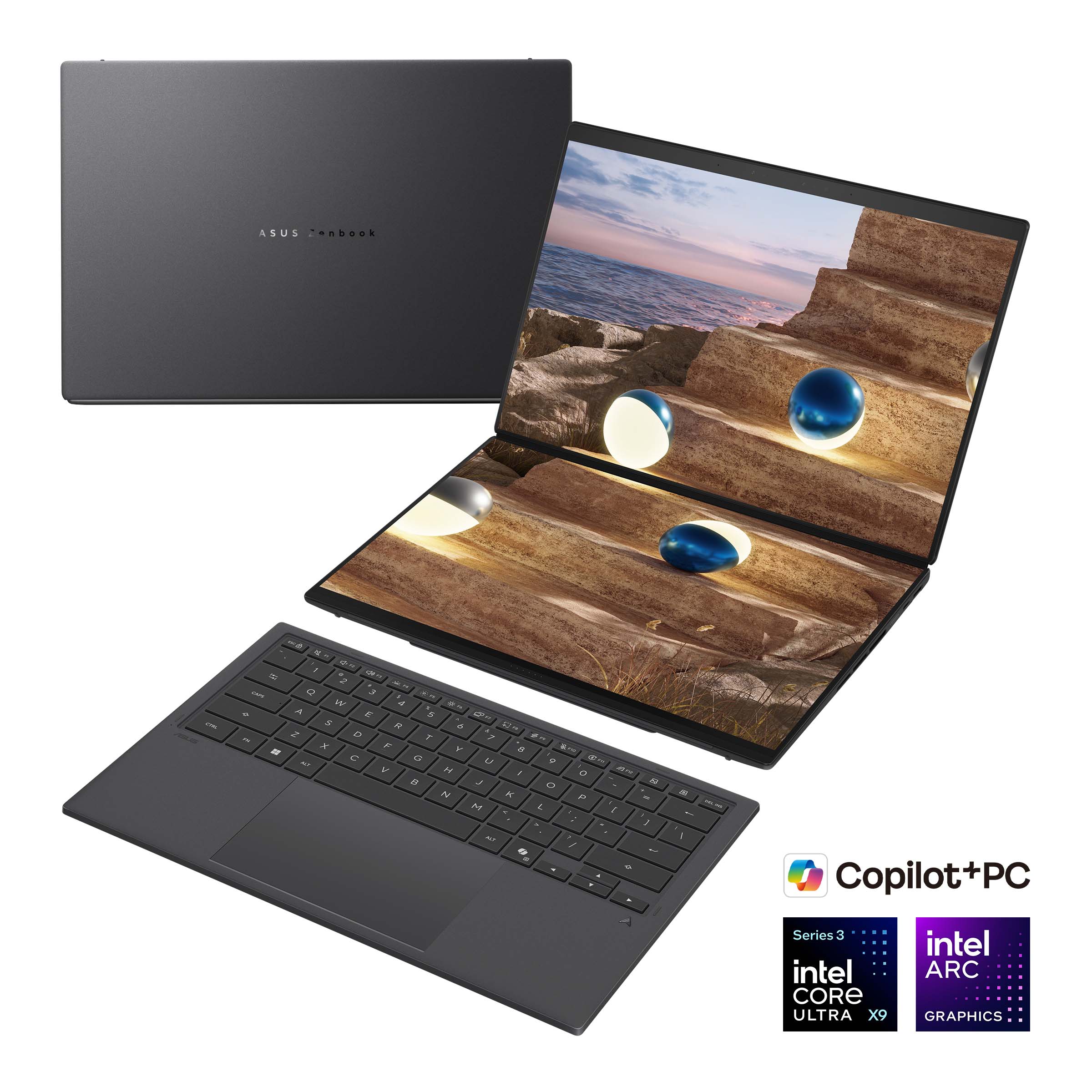 Asus - Zenbook Duo UX8407AA-SN066W - Moher Gray - 14 " - OLED - Touchscreen - 3K - 2880 x 1800 pixels - 144 Hz - Glossy - Intel Core Ultra X9 - 388H - 32 GB - LPDDR5X - Solid-state drive capacity 2000 GB - Intel Arc Graphics - Windows 11 Home - 802.11be |