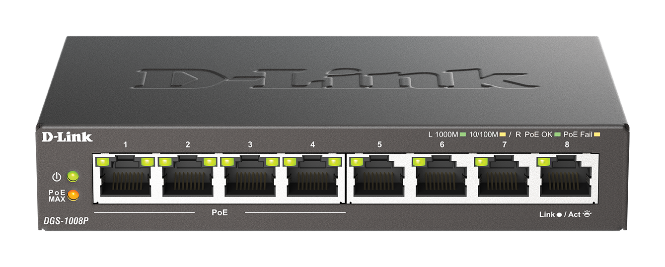 D-Link - 8-Port Gigabit PoE Switch (4xPoE) - DGS-1008P - Unmanaged - Desktop - Power supply type External