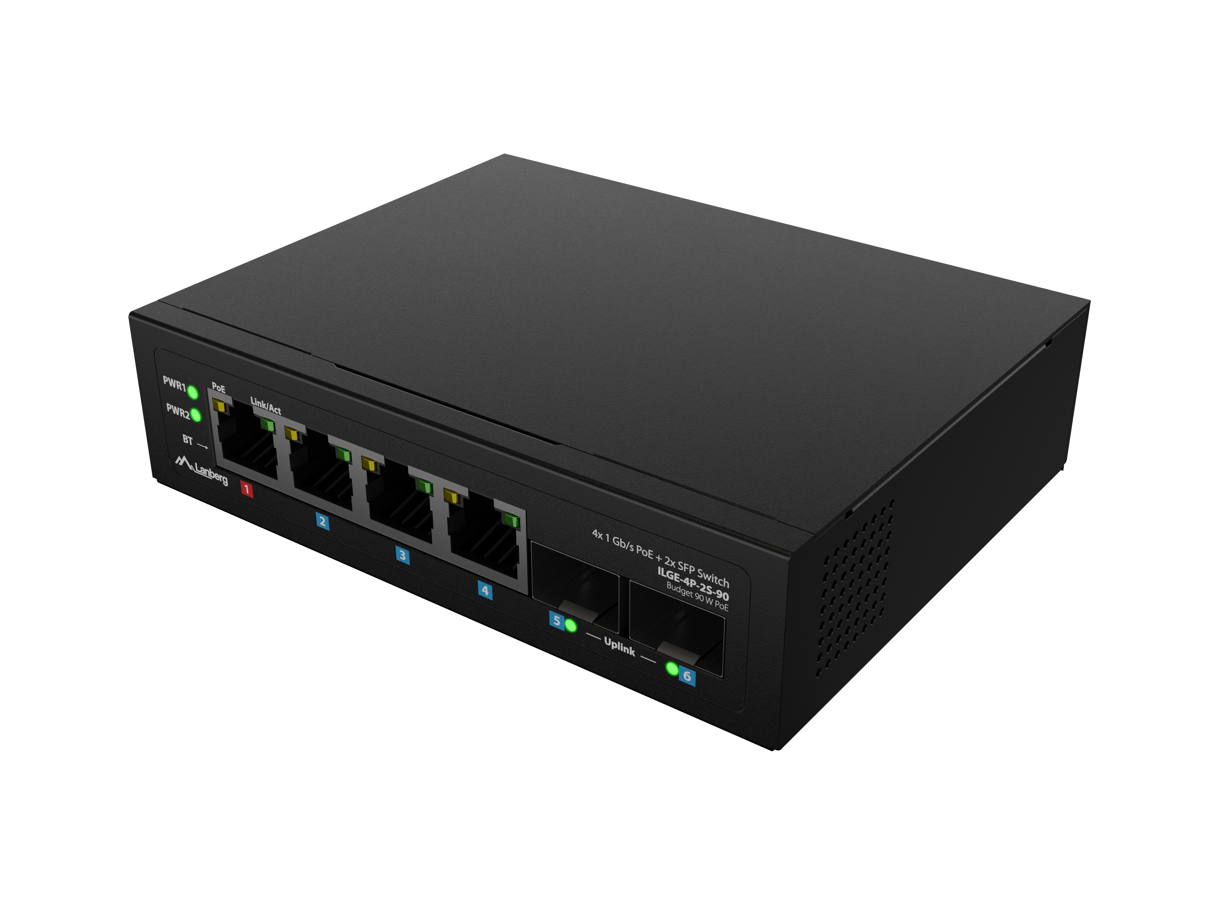 Lanberg Switch Light IndustrialPoE 1xBT 3xAT 2xSFP Din Unmanagment Gigabit Ethernet - ILGE-4P-2S-90 - Unmanaged