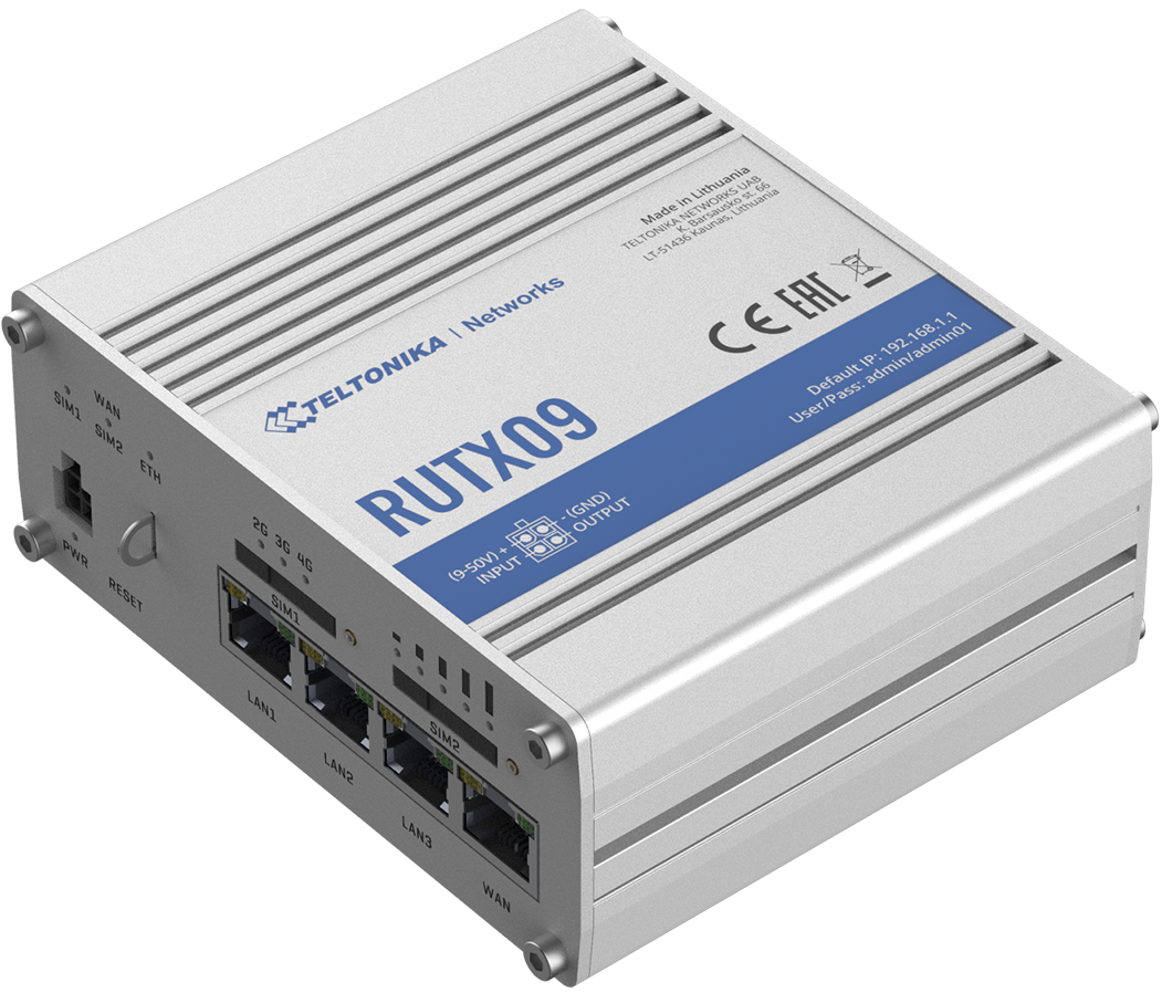 Teltonika - Rugged Industrial LTE-A Cat6 Router - RUTX09 - No Wi-Fi - 10/100/1000 Mbit/s - Ethernet LAN (RJ-45) ports 4 - Mesh Support No - MU-MiMO No - 2G/3G/4G
