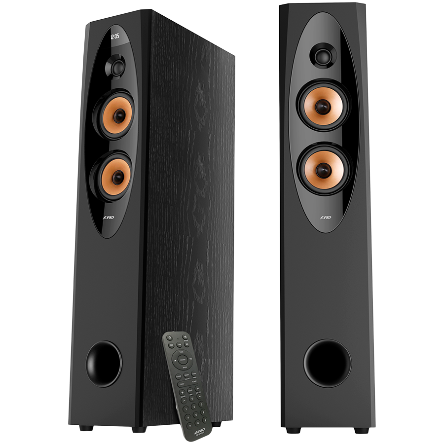 F&D T-60X PRO 2.0 Floorstanding Speakers, 120W RMS ( 60Wx2), 1'' Tweeter + 4'' Speakers x2 + 8'' Subwoofer for each channel, BT 5.3/Optical/COAXIAL/AUX/USB/Karaoke function/LED Display/Remote control/Microphone/Wooden, Touch buttons, Black