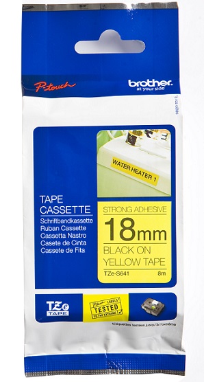 Brother - TZe-S641 Strong Adhesive Laminated Tape - Black on Yellow - TZe - 8 m - 1.8 cm