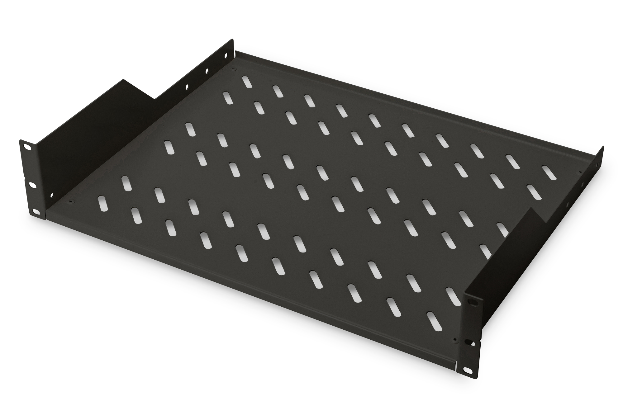 Digitus - 2U Fixed Shelf for Racks - DN-19 TRAY-2-SW - Perfect for storage of components which are not 483 mm (19”) suitable. Slim design which takes space of 2 height units. Easy and quick to mount or dismount. Dimensions 88x482x349 mm, up to 25 kg - Bla