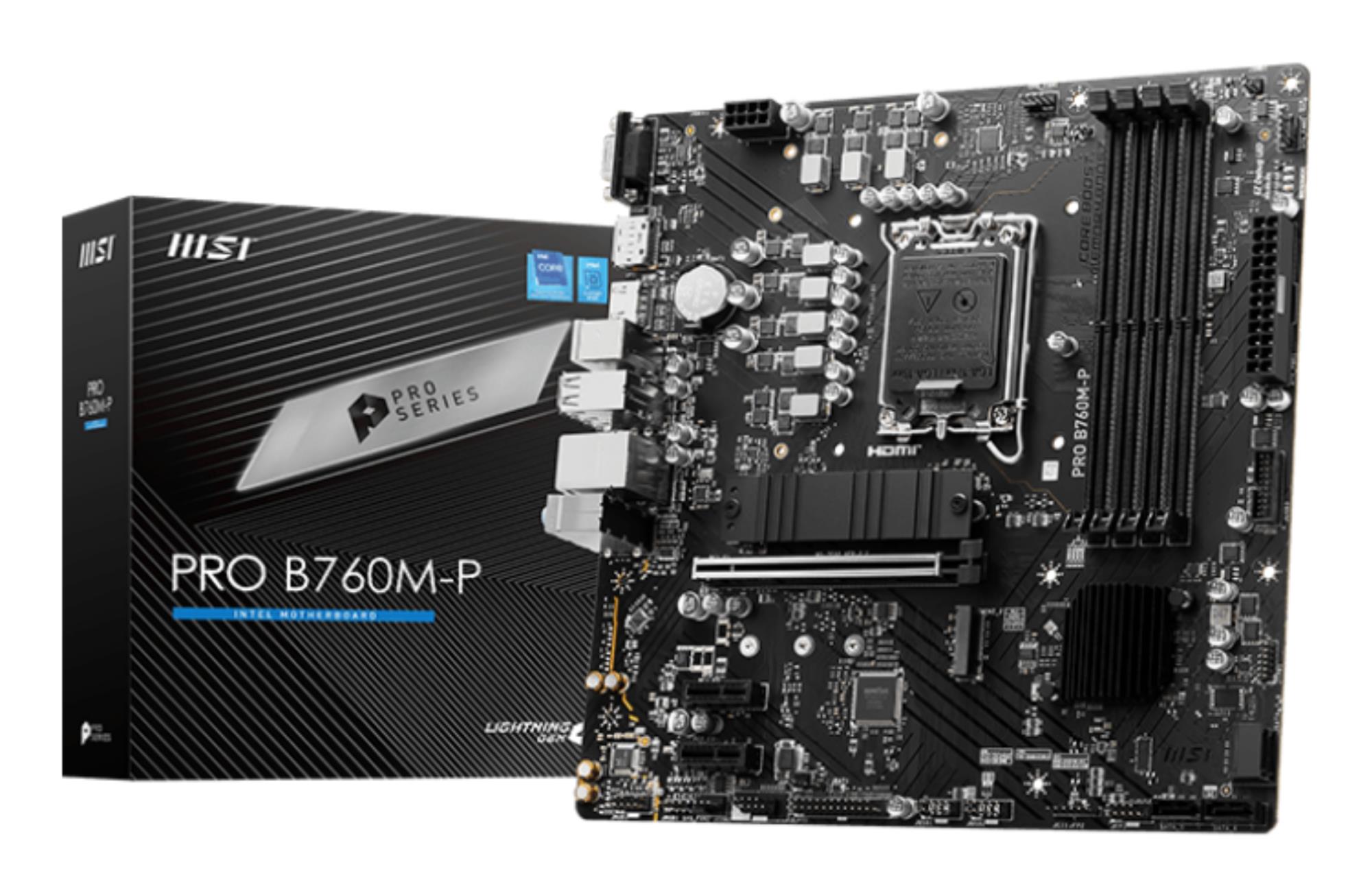 Mainboard|MSI|Intel B760 Express|LGA1700|Micro-ATX|Memory DDR5|Memory slots 4|2xPCI-Express 1x|1xPCI-Express 16x|2xM.2|1x15pin D-sub|1xHDMI|1xDisplayPort|4xUSB 2.0|1xUSB 3.2|1xUSB-C|2xPS/2|1xRJ45|3xAudio port|PROB760M-P