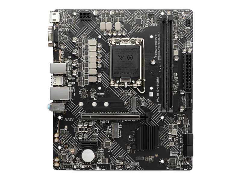 MSI - PRO H610M-G - Processor family Intel - Processor socket LGA1700 - DDR5 - Supported hard disk drive interfaces SATA, M.2 - Number of SATA connectors 4