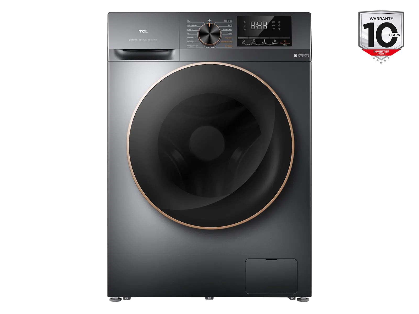 TCL Washing machine with dryer - CP1012SA0 - Energy efficiency class A/E - Front loading - Washing capacity 10 kg - 1200 RPM - Depth 63 cm - Width 60 cm - Display - LED - Drying system - Drying capacity 6 kg - Steam function