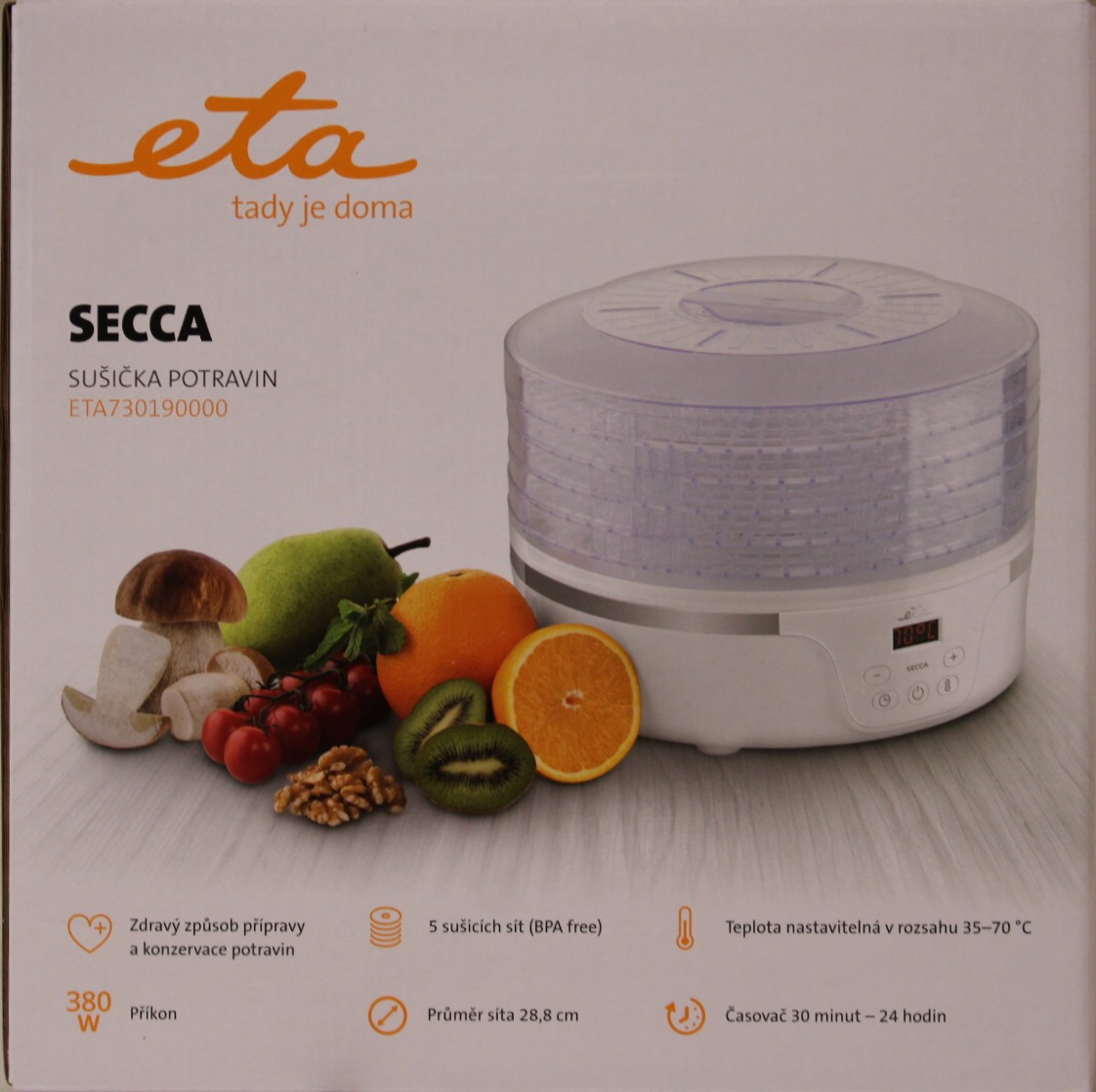 SALE OUT. ETA Fruit Dryer - ETA730190000 Secca - Power 380 W - Number of trays 5 - Integrated timer - White - DAMAGED PACKAGING