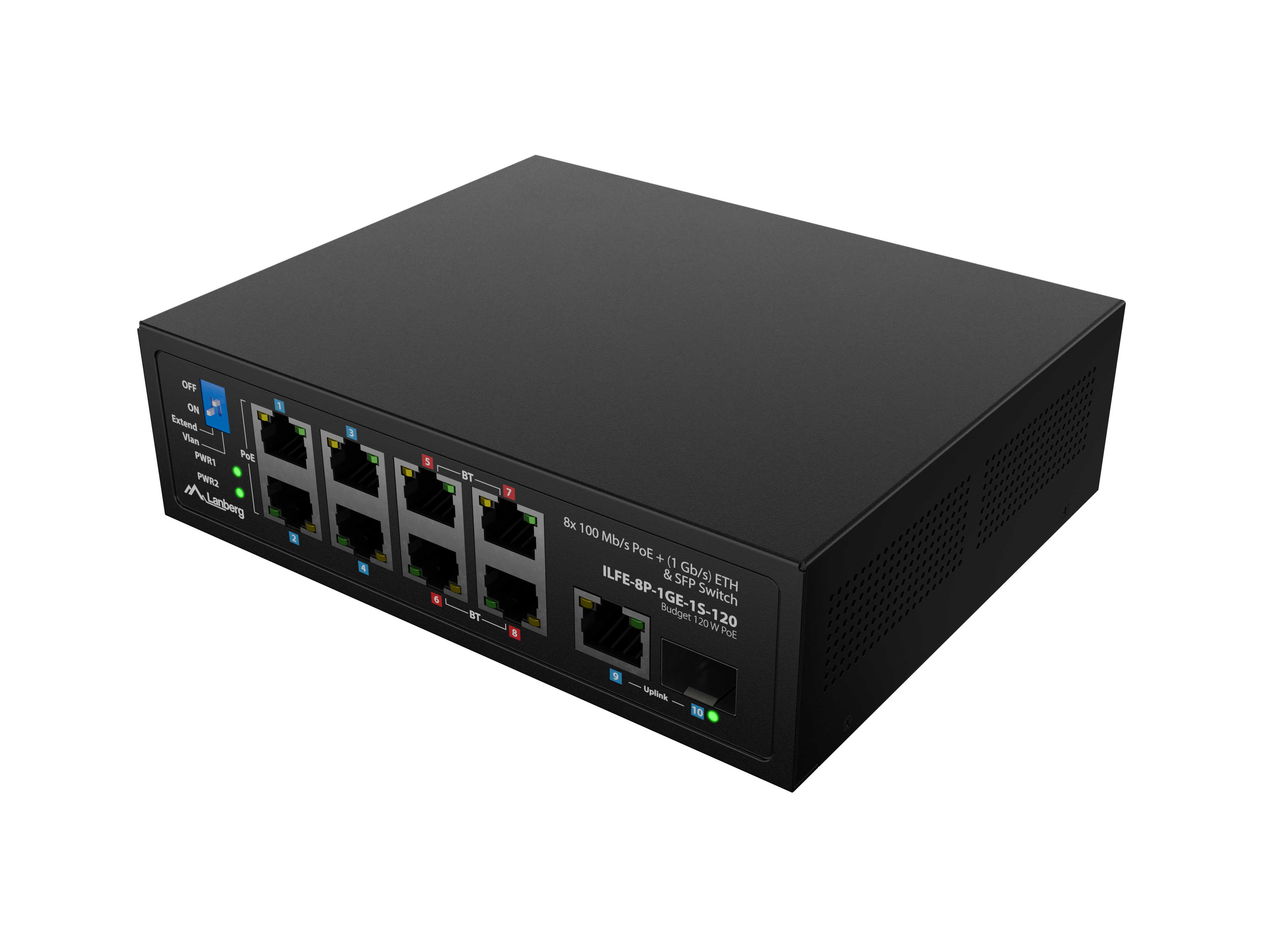 Lanberg Switch PoE 4xBT 4xAT SFP/ETH Din Unmanagment Fast Ethernet - ILFE-8P-1GE-1S-120 - Unmanaged - Din rail, Rack