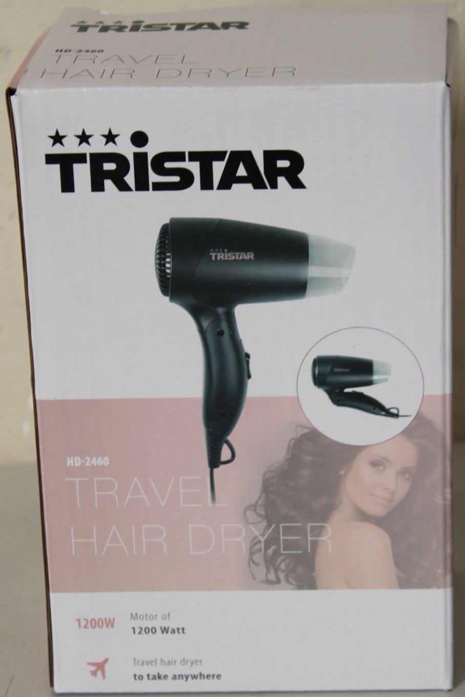 SALE OUT. Tristar HD-2460 - Tristar Travel Hair Dryer - HD-2460 - 1200 W - Number of temperature settings 2 - Black - DAMAGED PACKAGING - Warranty 24 month(s)
