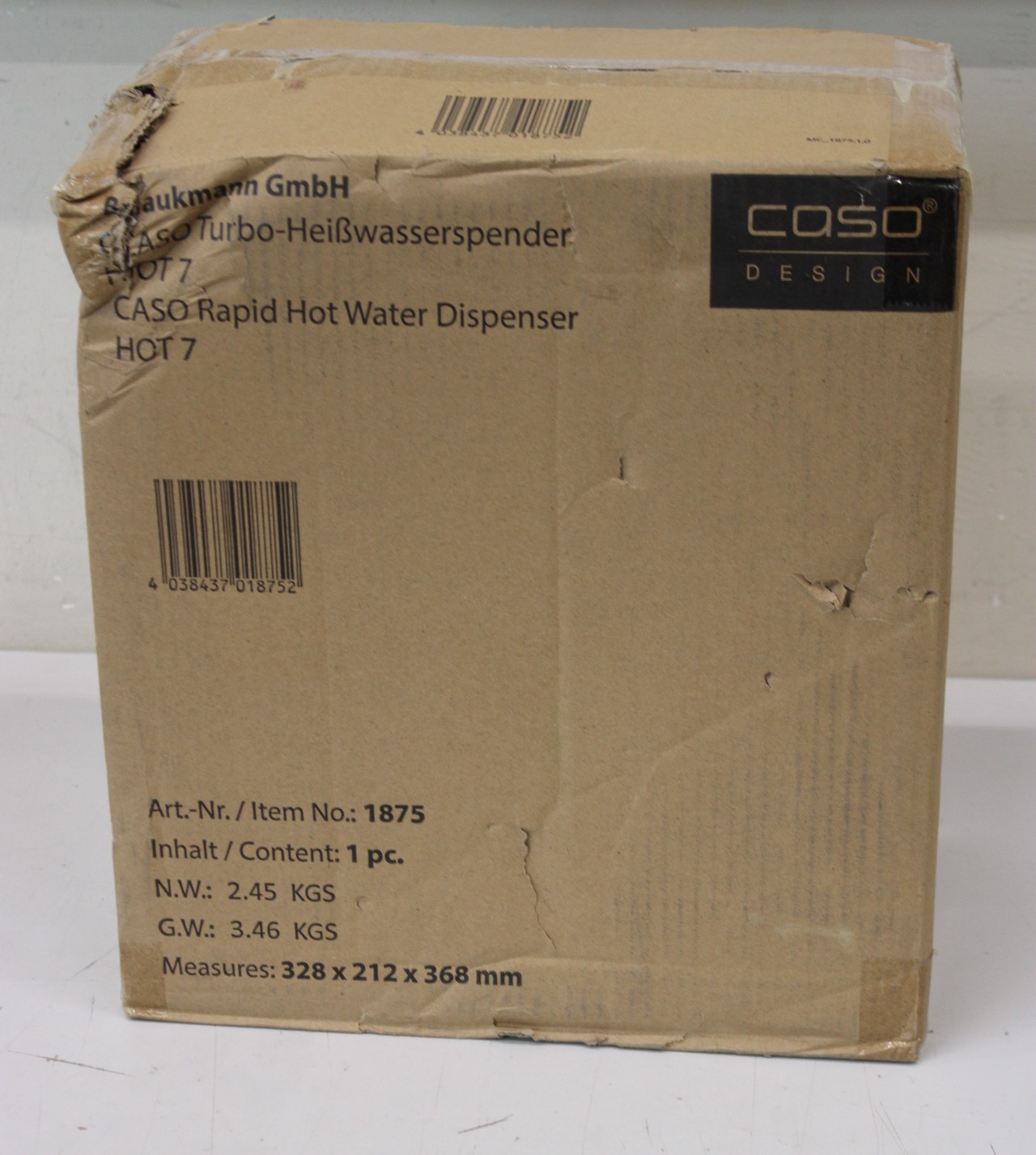 SALE OUT. Caso Turbo Hot Water Dispenser - Hot 7 - Water Dispenser - 2200-2600 W - 2.7 L - Plastic/Stainless Steel - Black/Stainless Steel - DAMAGED PACKAGING, BROKEN INER PACKAGING, DAMAGED GLASS CONTAINER