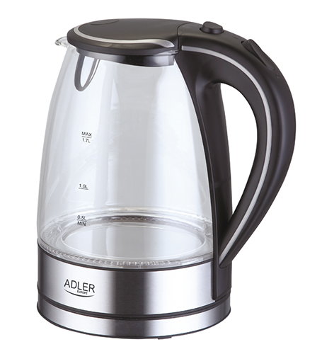 Adler - Kettle - AD 1225 - Standard - 2000 W - 1.7 L - Glass - 360° rotational base - Stainless steel/Transparent