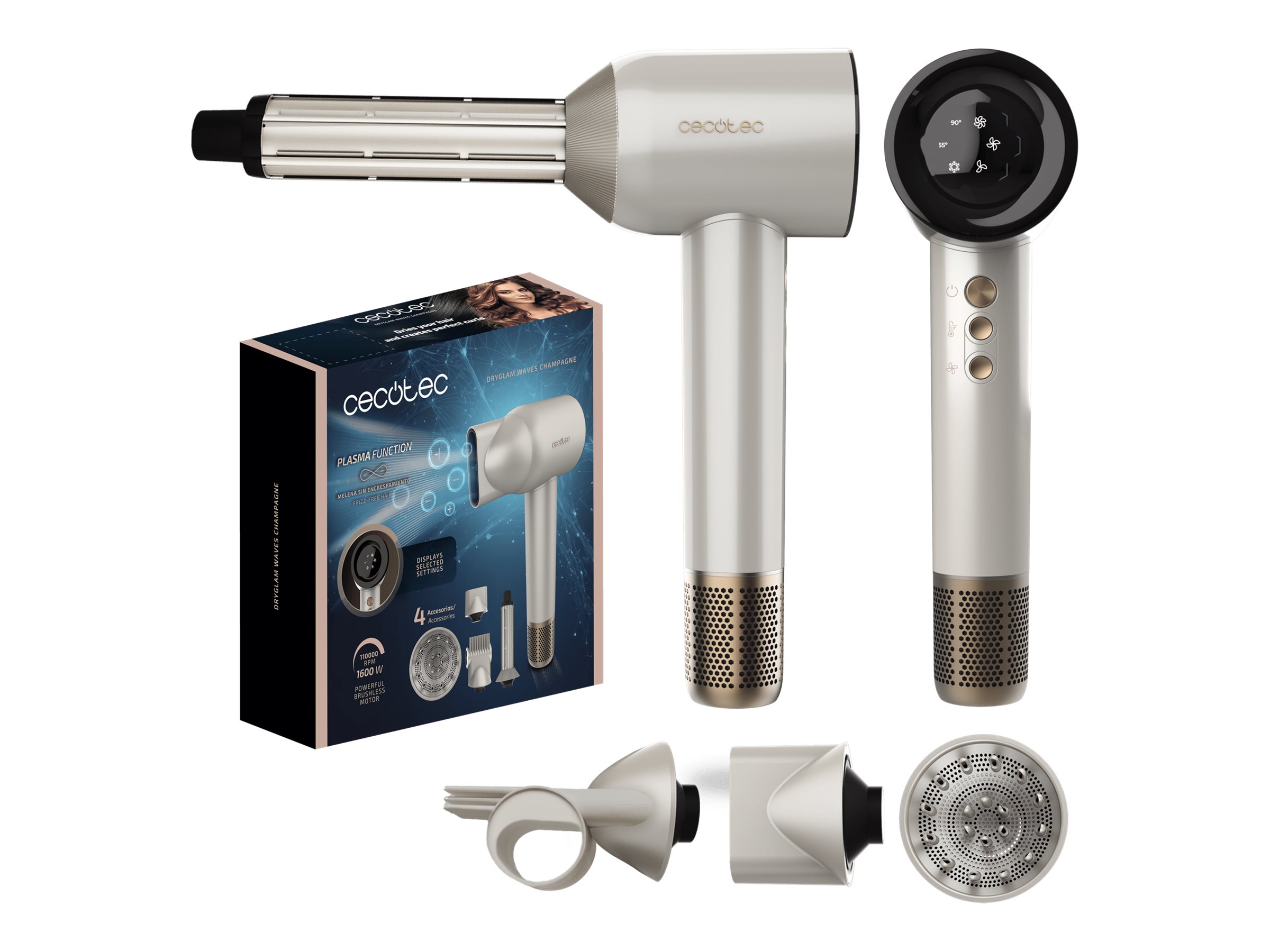 Cecotec Hair dryer - DryGlam Waves Champagne - 1600 W - Number of temperature settings 3 - Ionic function - Champagne - Diffuser nozzle