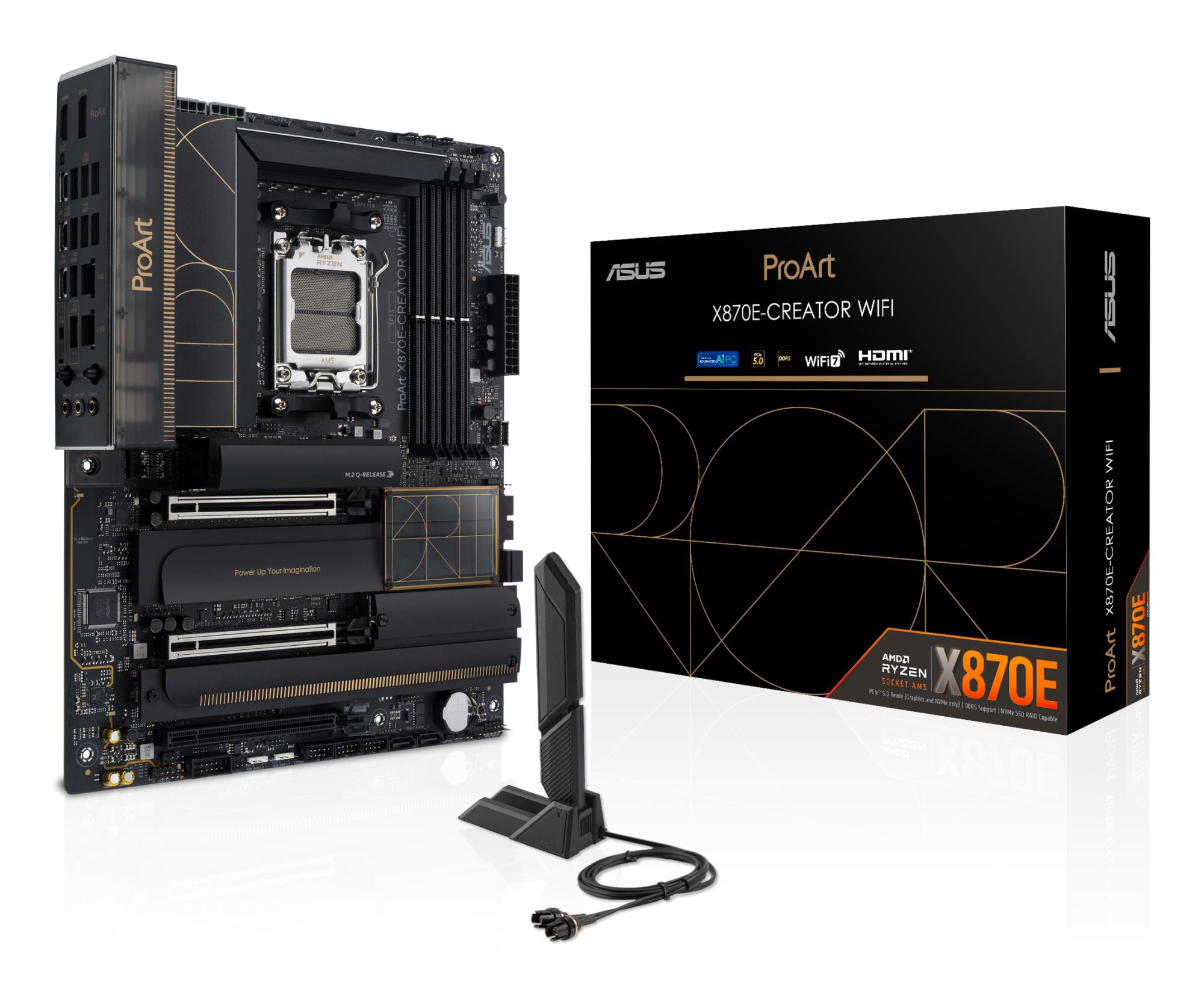 Mainboard|ASUS|AMD X870E|SAM5|ATX|Memory DDR5|Memory slots 4|3xPCI-Express 4.0 16x|2xPCI-Express 5.0 16x|4xM.2|1xHDMI|1xDisplayPort|1xUSB 2.0|7xUSB 3.2|3xUSB-C|1xRJ45|3xAudio port|PROARTX870E-CREATORWIFI