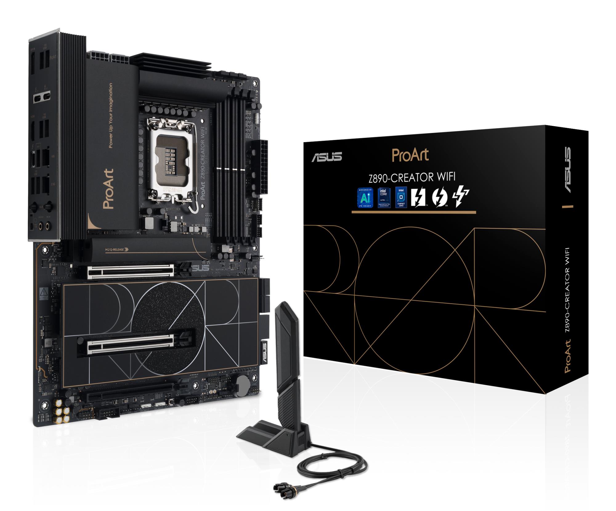 Mainboard|ASUS|Intel Z890|LGA1851|ATX|Memory DDR5|Memory slots 4|1xPCI-Express 4.0 16x|2xPCI-Express 5.0 16x|5xM.2|1xHDMI|1xDisplayPort|1xAudio-In|1xAudio-Out|1xUSB 2.0|6xUSB 3.2|3xUSB-C w/Thunderbolt|1xRJ45|PROARTZ890-CREATORWIFI