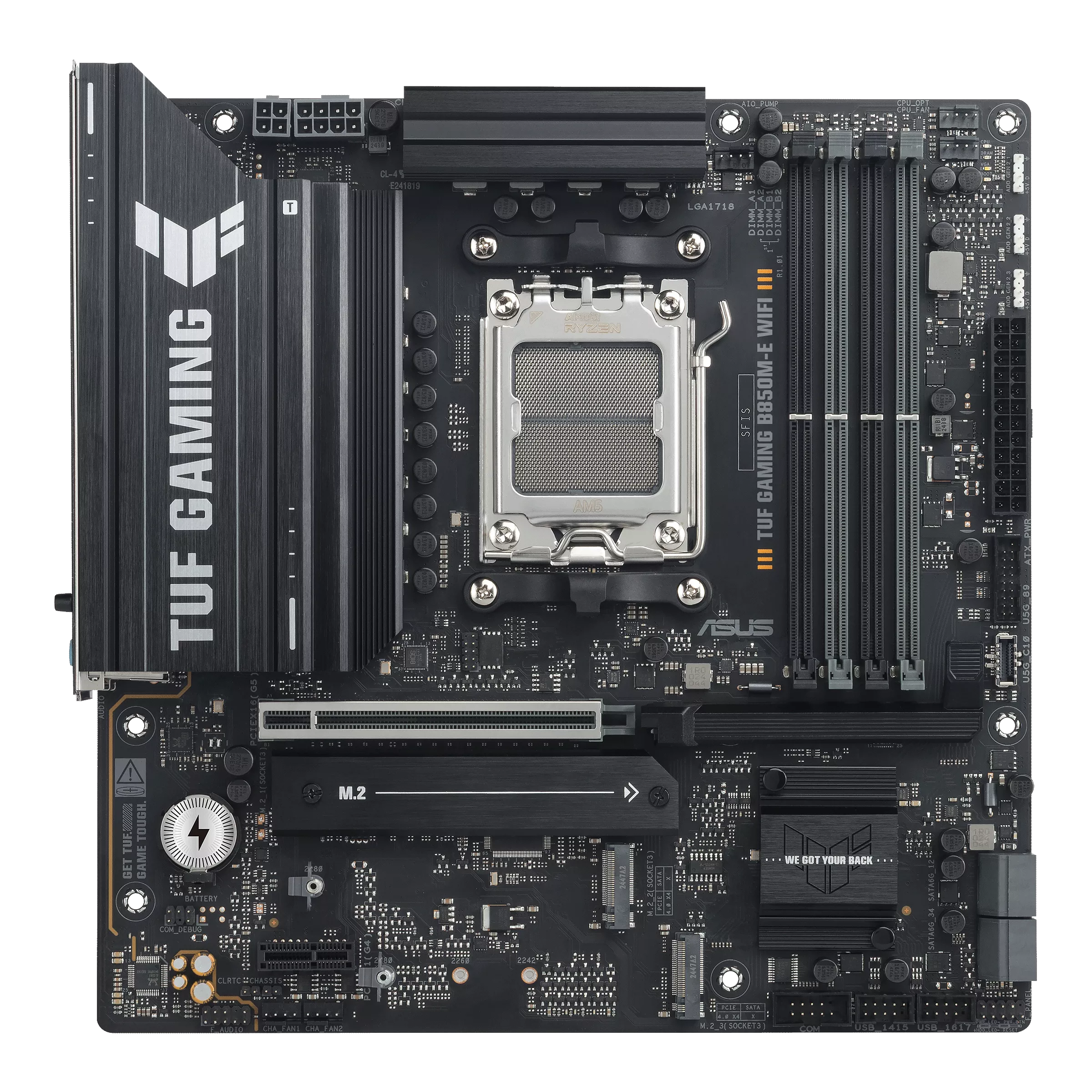 Asus TUF GAMING B850M-E WIFI - Processor family AMD - Processor socket AM5 - DDR5 - Supported hard disk drive interfaces SATA, M.2 - Number of SATA connectors 4
