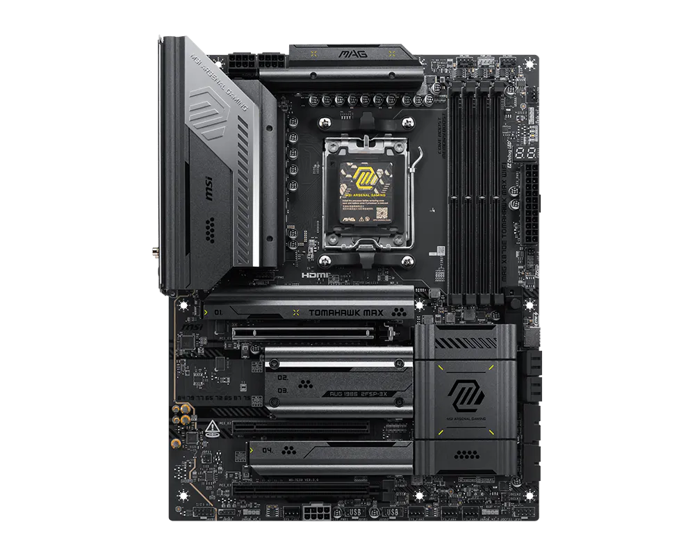 MSI MAG X870E TOMAHAWK MAX WIFI - Processor family AMD - Processor socket AM5 - DDR5 - Supported hard disk drive interfaces SATA, M.2 - Number of SATA connectors 4