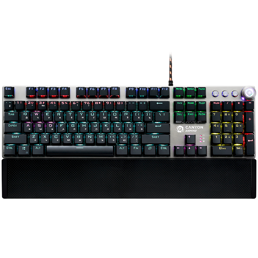 CANYON Nightfall GK-7, Wired Gaming Keyboard,Black 104 mechanical switches,60 million times key life, 22 types of lights,Removable magnetic wrist rest,4 Multifunctional control knobs,Trigger actuation 1.5mm,1.6m Braided cable,RU layout,dark grey, size:435